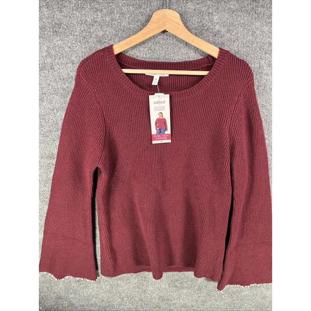 Edited x Hunter McGrady Pearl Trim Sweater 1X Burgundy Rib Knit NWT